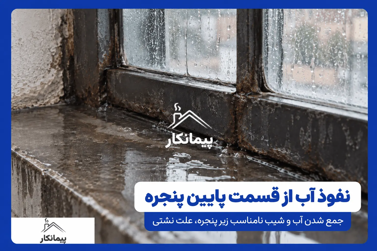 جمع شدن آب باران در قسمت پایین قاب آهنی پنجره و روی لبه زیر پنجره