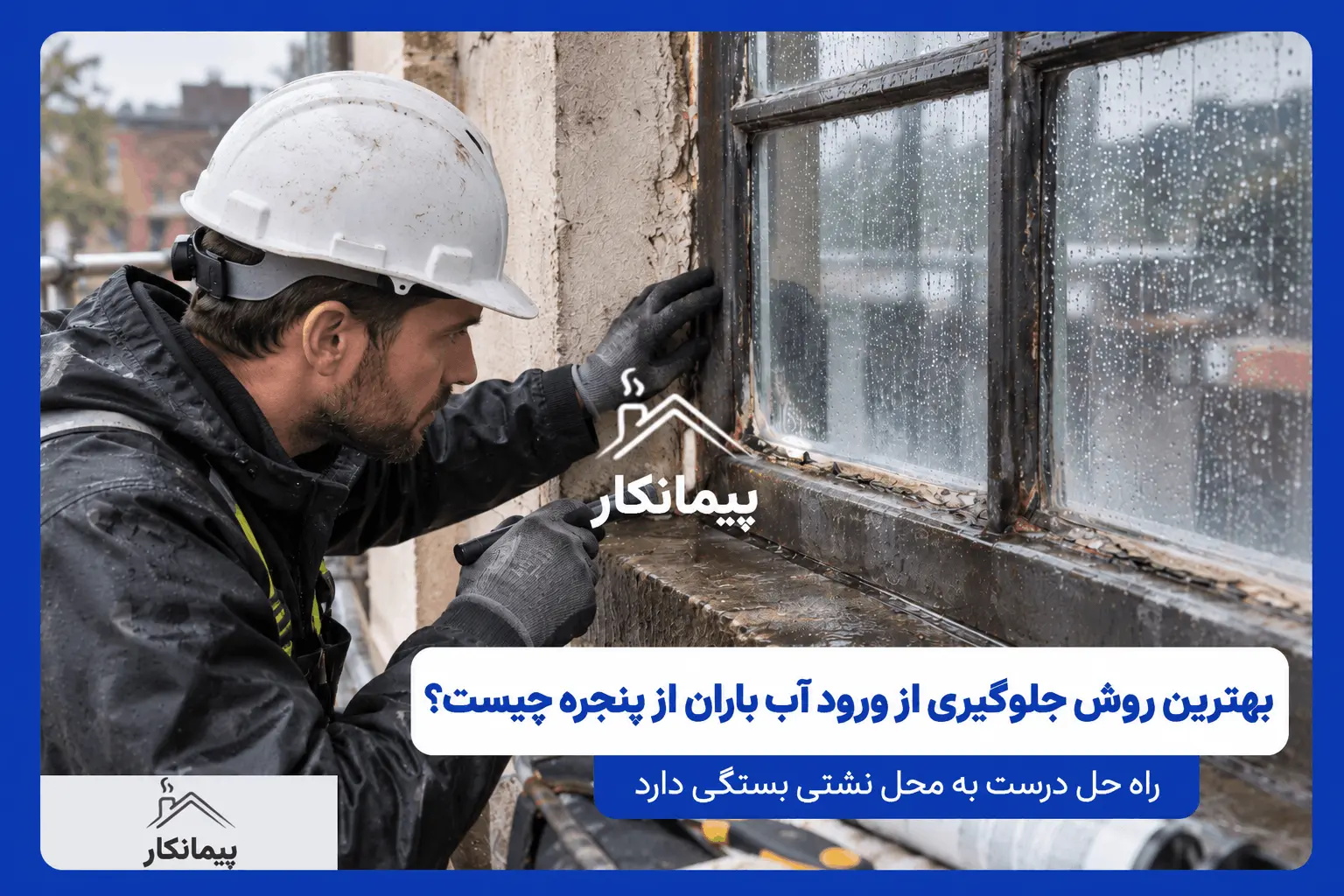 بررسی پنجره آهنی و درزهای اطراف آن توسط تعمیرکار برای پیدا کردن محل نشت آب باران
